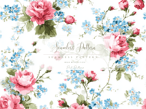 Download Vintage Pink Roses and Blue Forget-Me-Not Seamless Floral Pattern PNG - Vintage Collection